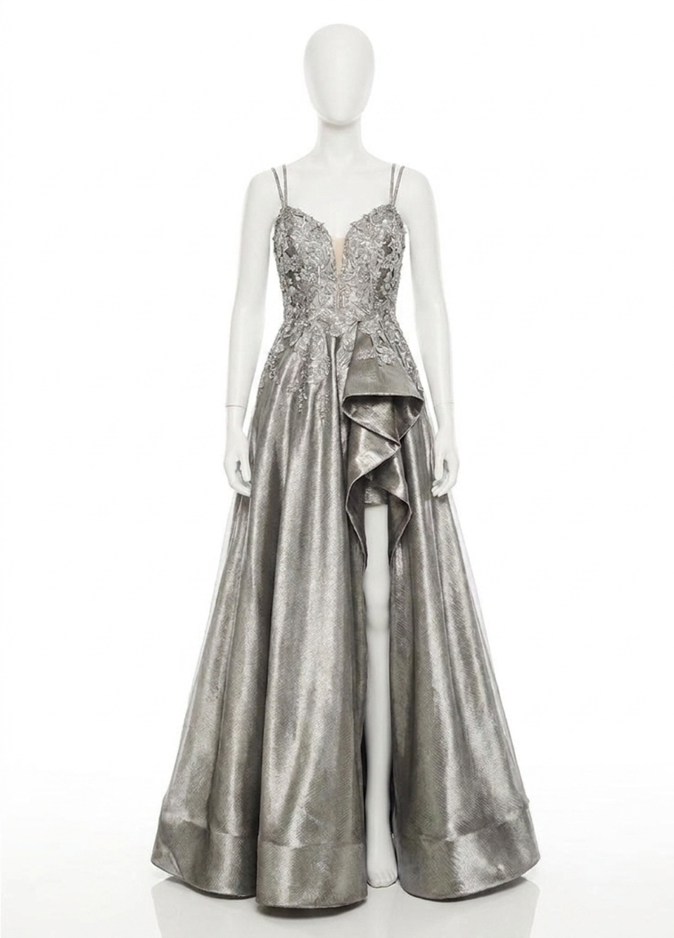 NEW RACHEL ALLAN metallic applique high low prom gown in gunmetal